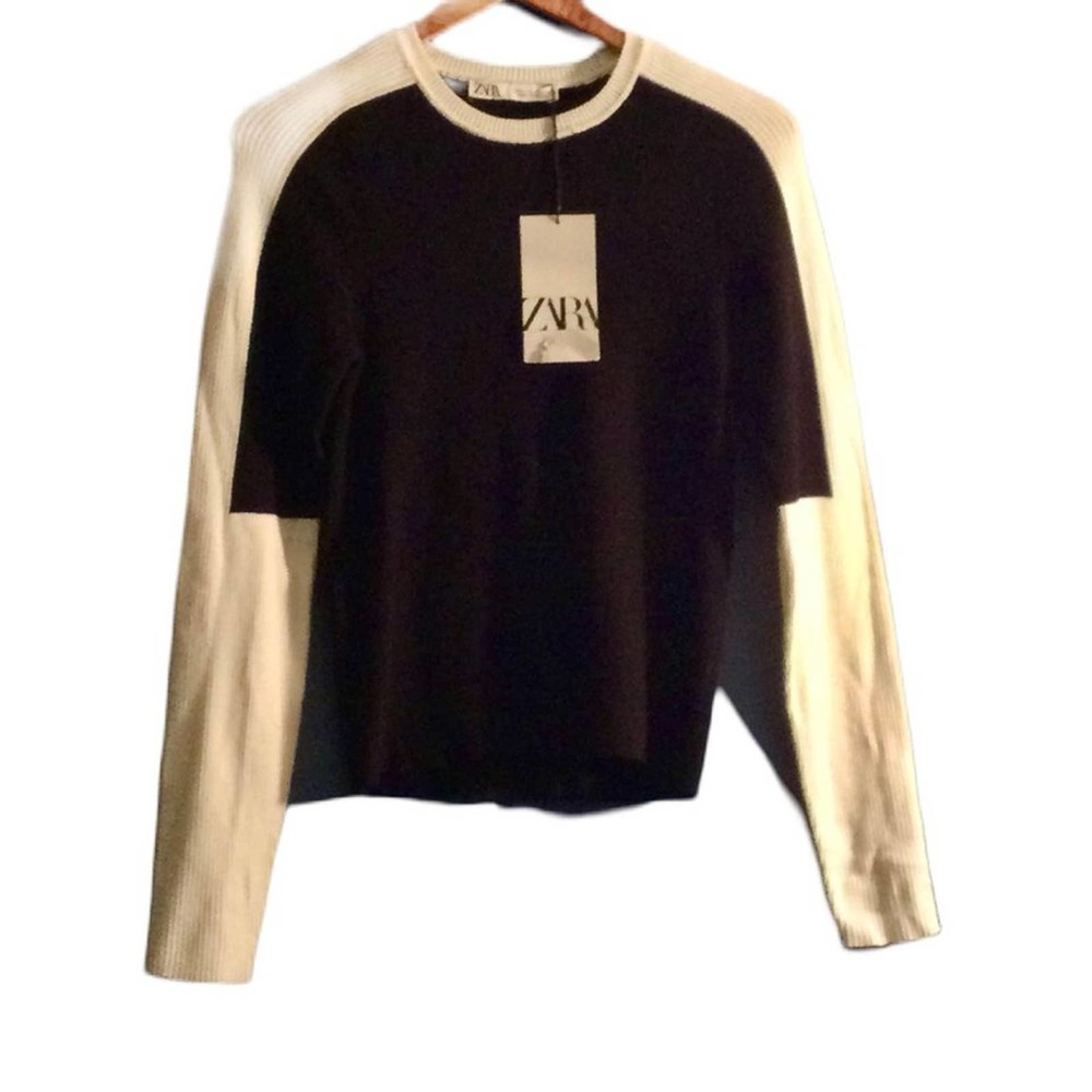 Zara Womens Light Weight Sweater, Cream & Black Slim Fit